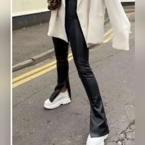 Zara Hi-Rise Faux Leather Flare Pants Size XL Ankle Zip Long Inseam Cyber NEW